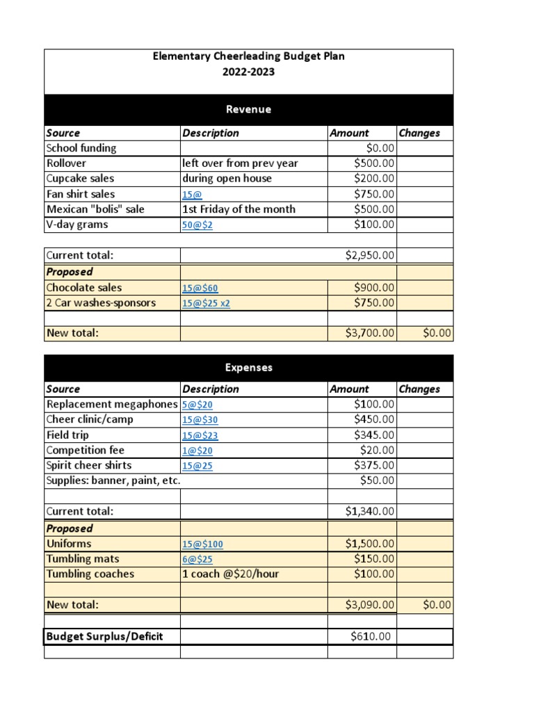 Elementary Cheerleading Budget Plan | PDF