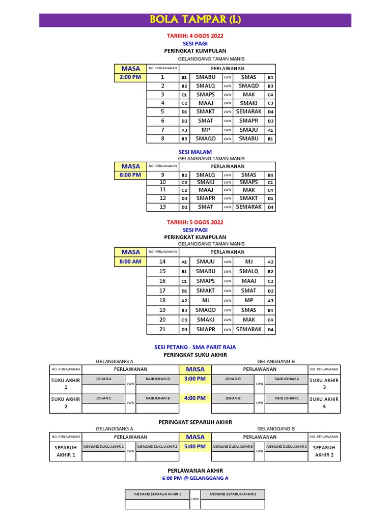 Jadual Perlawanan BOLA TAMPAR (L) 2022  PDF