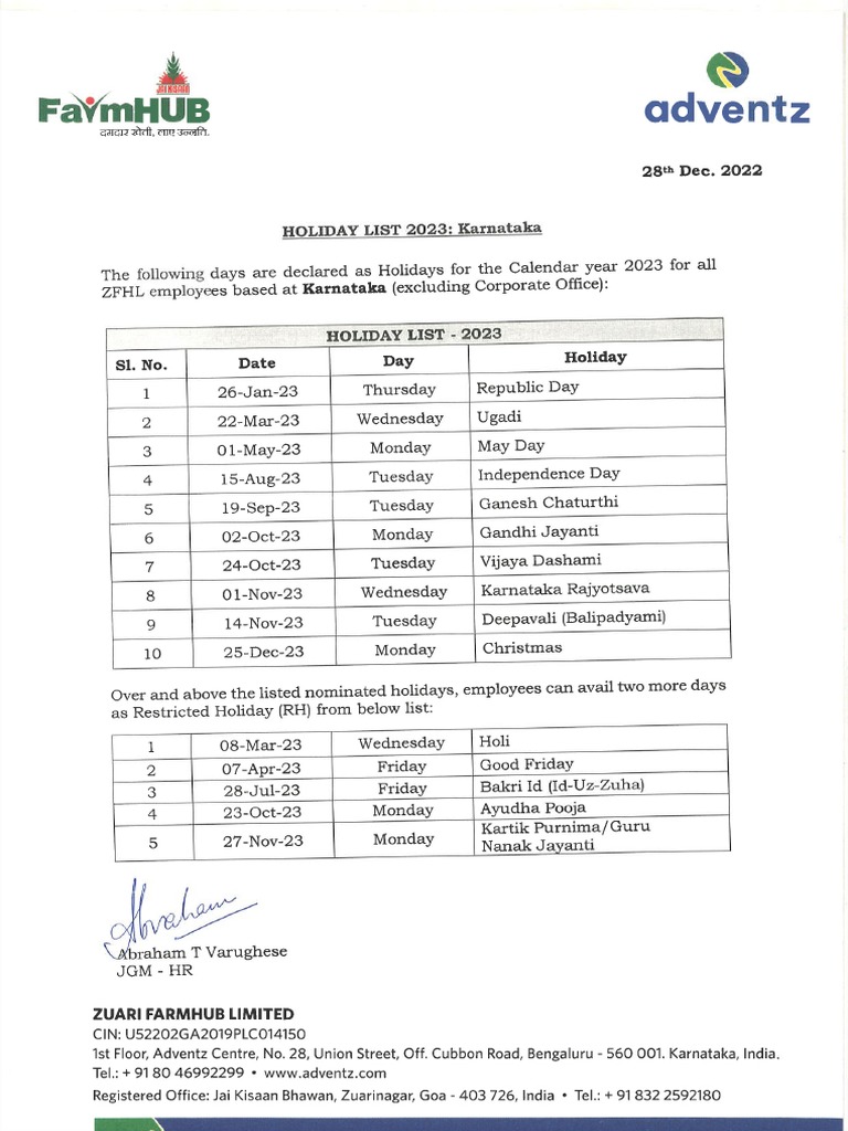 Holiday List Karnataka PDF