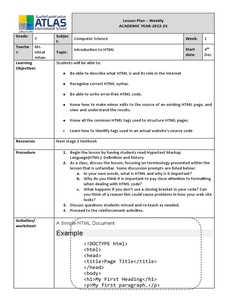 Computer Science Lesson Plan Week 1-Practical | PDF | Html | Html Element