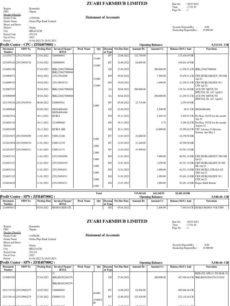 Statement of Accounts Dealer Details PDF Debits And Credits
