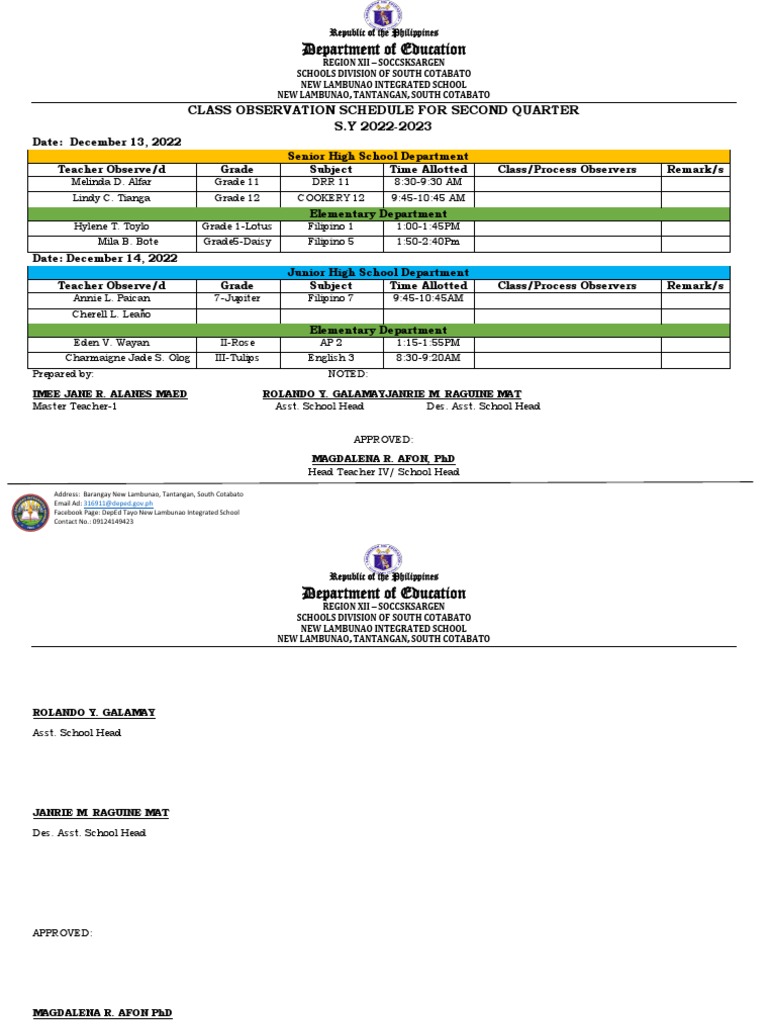 New Lambunao School Observation Schedule | PDF | Social Institutions ...