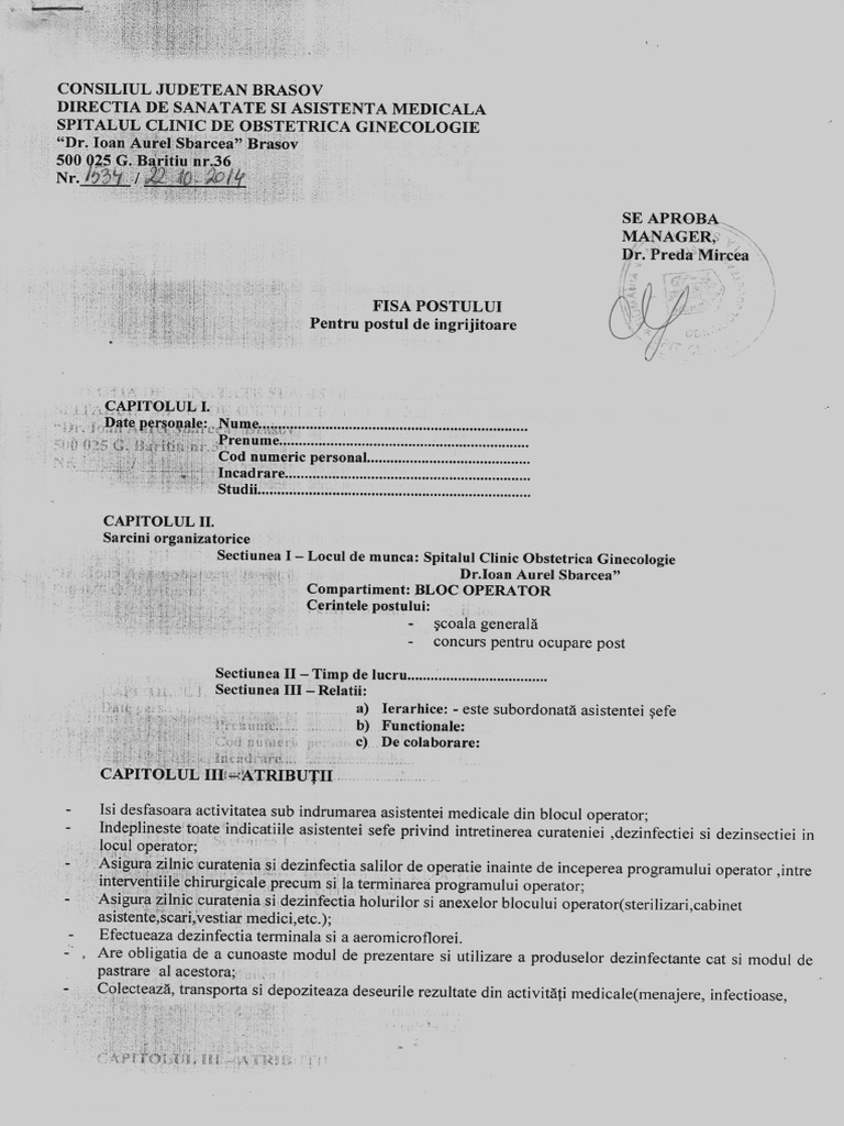 Fisa Post Ingrijitoare Bloc Operator 1 | PDF