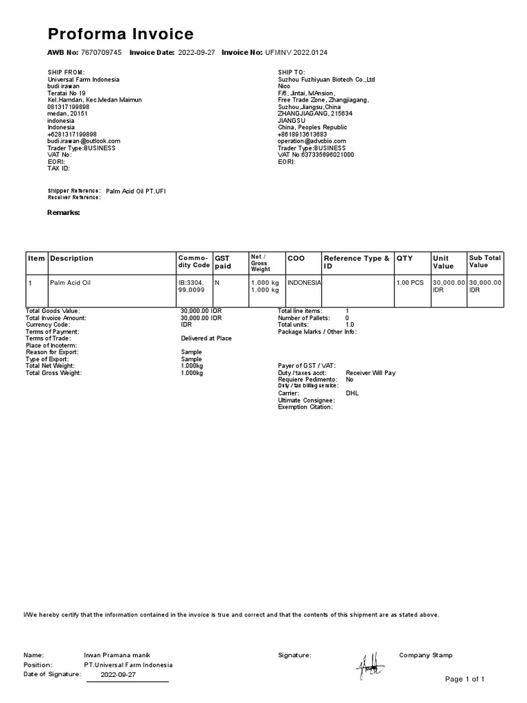 Proforma Invoice for Palm Acid Oil Shipment | PDF | Value Added Tax ...