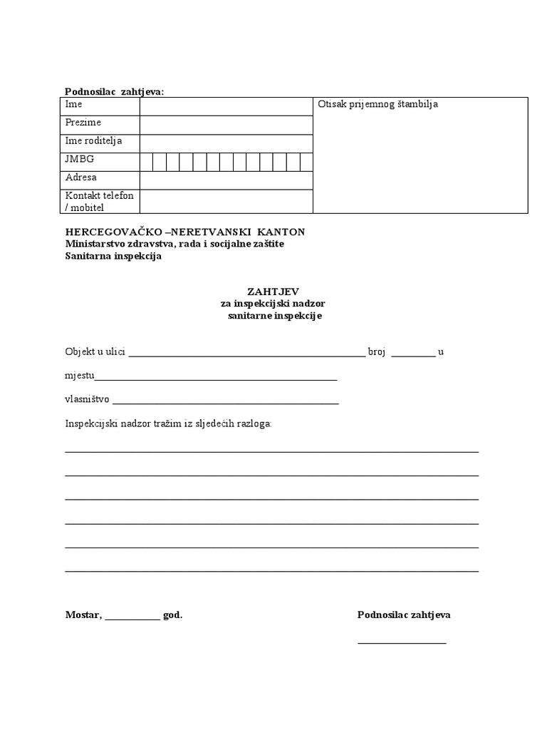 Zahtjev Za Inspekcijski Nadzor Sanitarne Inspekcije-B | PDF