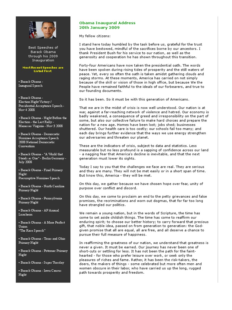 Obama Inaugural Speech Highlights | PDF | Barack Obama | George W. Bush