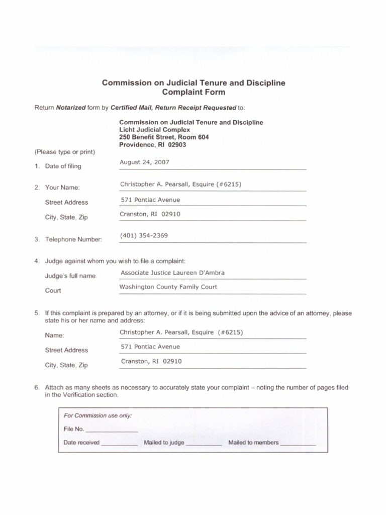 20070824 RI Family Court Judge Laureen D'Ambra Disciplinary Complaint