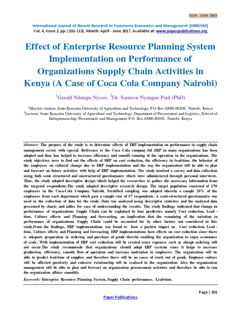 Effect of Enterprise Resource Planning System Implementation on