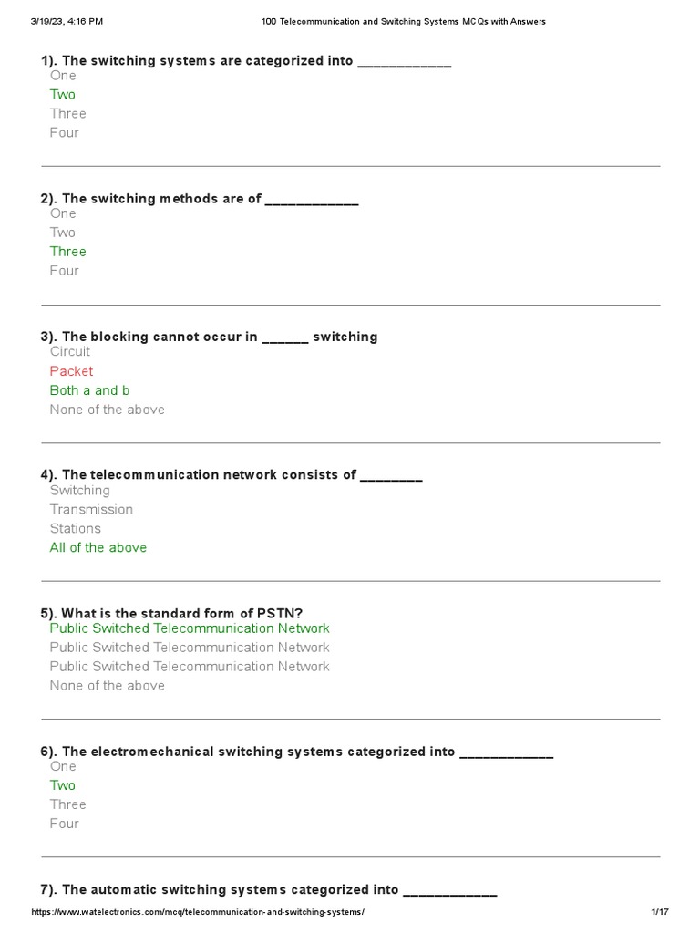100 and Switching Systems MCQs With Answers PDF