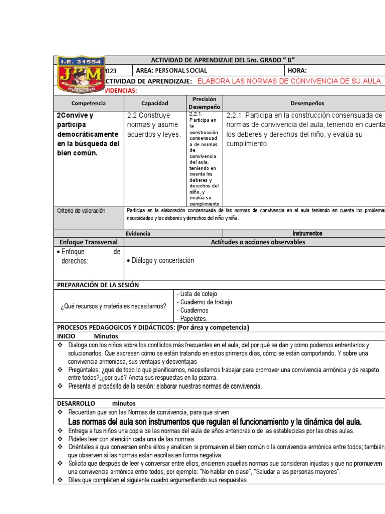 Normas de Convivencia para el Aula 5to B | PDF | Salón de clases ...