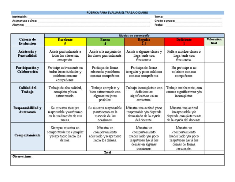 Criterio de Evaluación Excelente 5 Bueno 4 Regular 2-3 Deficiente 1 ...
