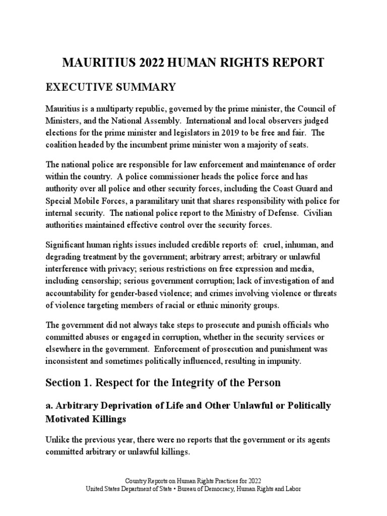 Mauritius 2022 Human Rights Overview | PDF | Overtime | Labour Law