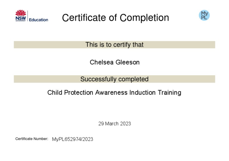 Certificate For Chelsea Gleeson in Child Protection Awareness Induction