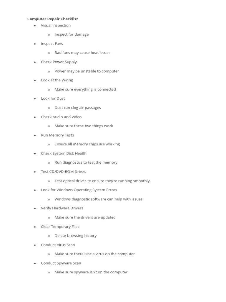 Computer Repair Checklist PDF