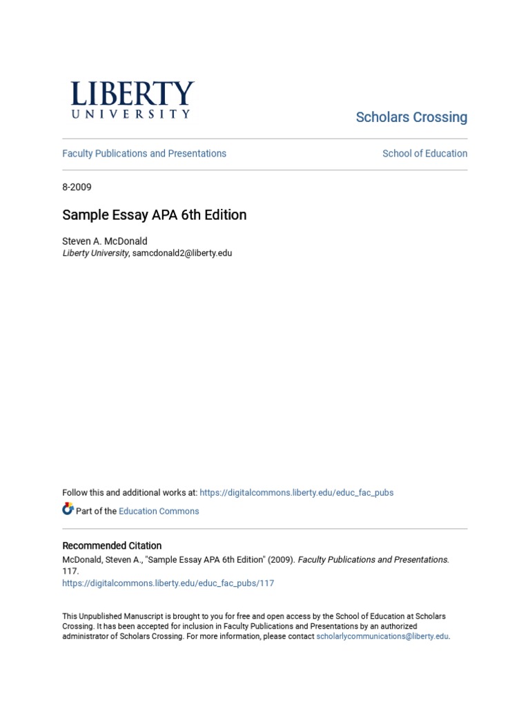 Sample Essay APA 6th Edition Sample Essay APA 6th Edition Scholars