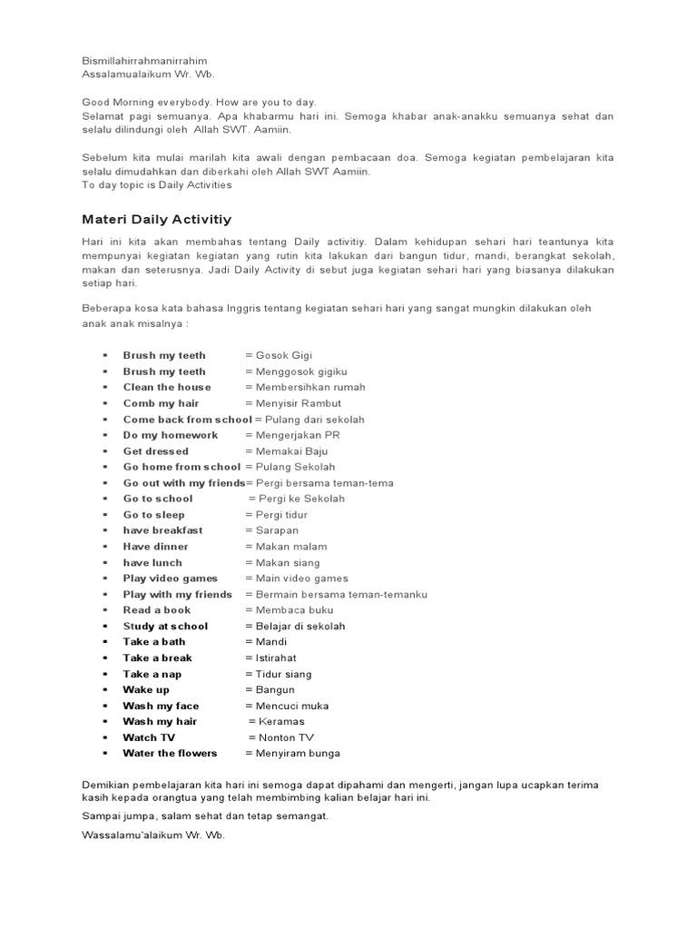 Kegiatan Sehari-hari untuk Anak-anak | PDF