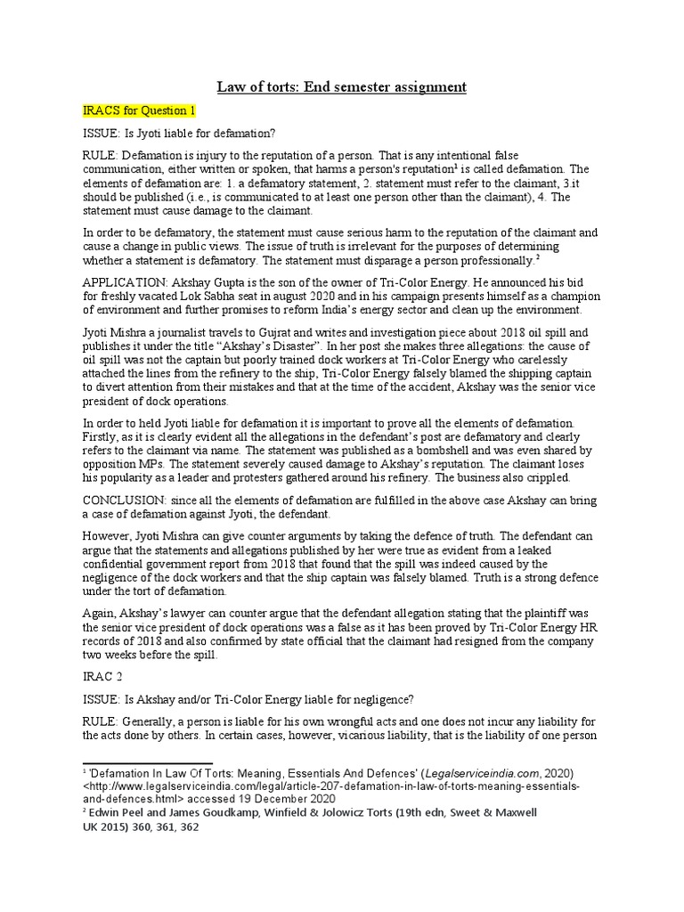 Final Assignment Palak Aggarwal Bba LLB Section D | PDF | Negligence ...