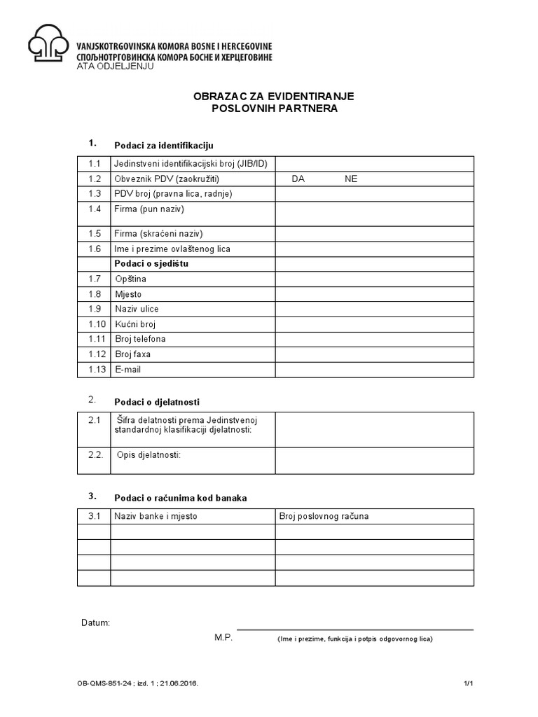 Obrazac Za Evidentiranje Poslovnih Partnera | PDF