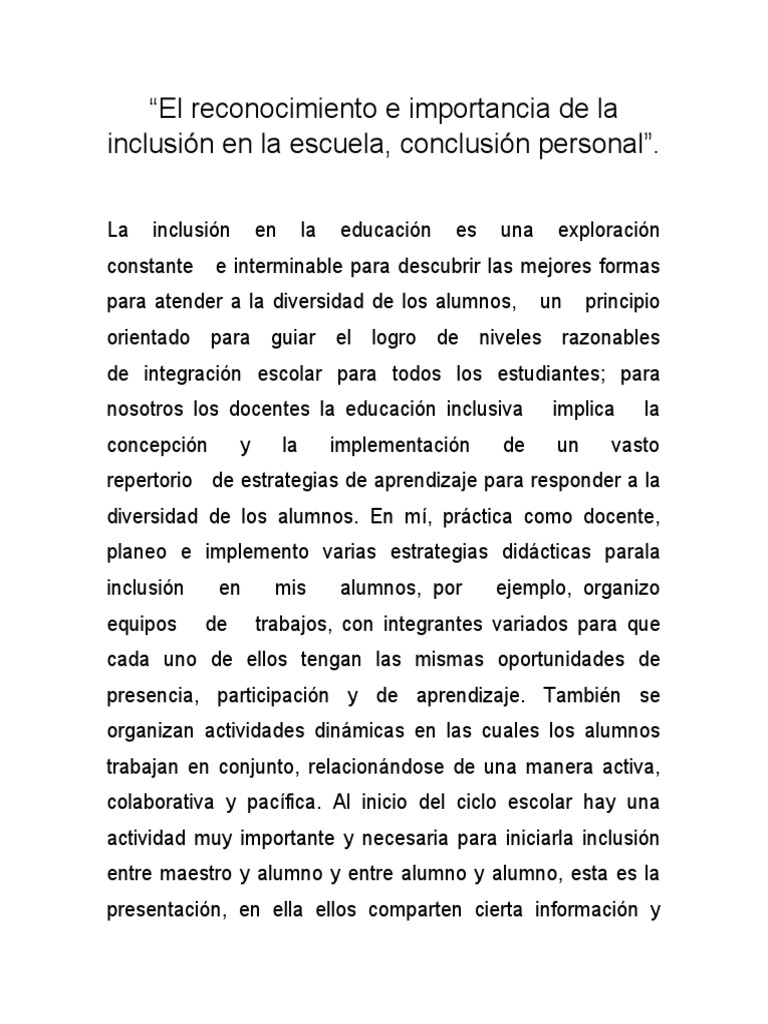 Importancia de la Inclusión Escolar | PDF