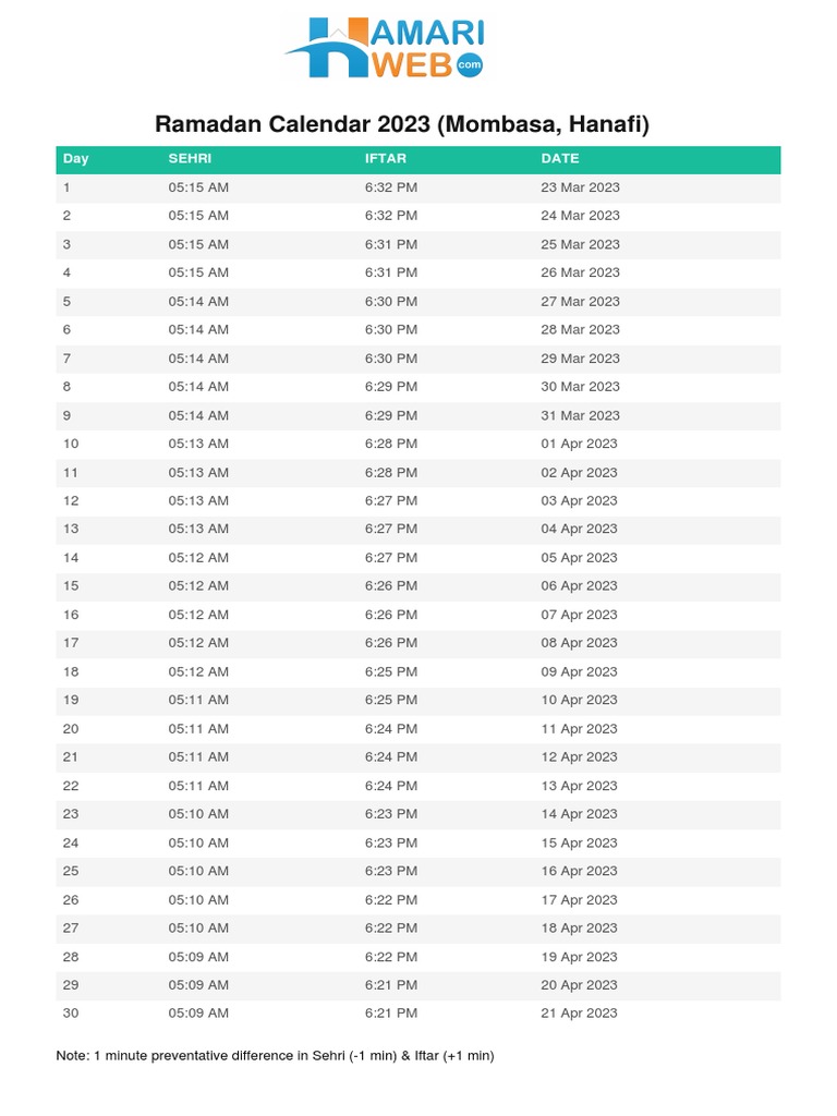 Mombasa Ramadan Calendar 2023 Hamariweb Download Free PDF Religious