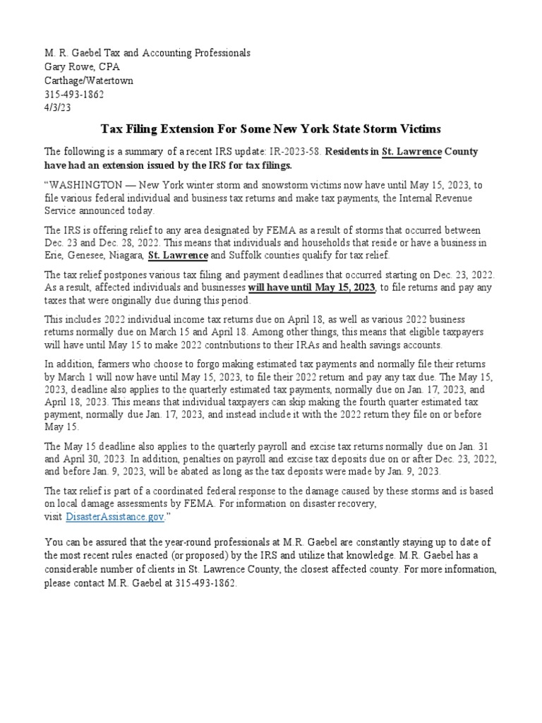 Residents in St. Lawrence County Have An Extension Issued by The IRS