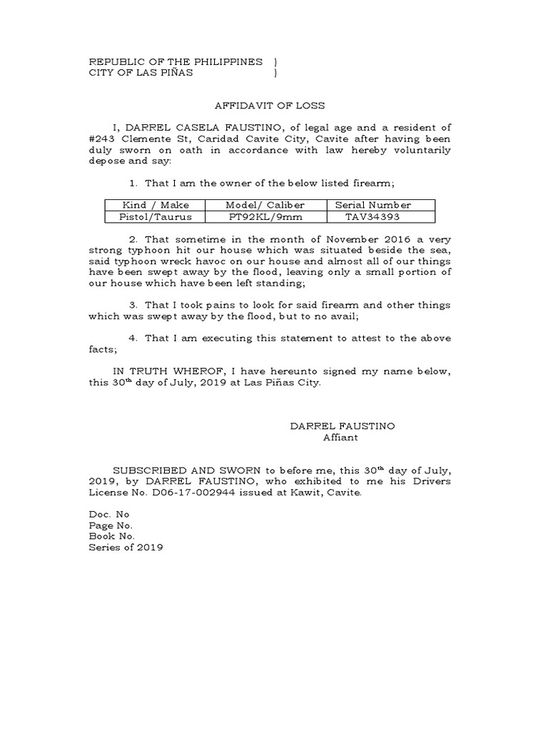 Affidavit of Loss of Fireram (Taurus) Darrel | PDF