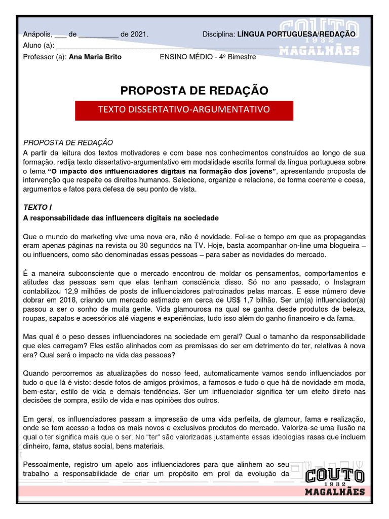 PROPOSTA DE REDAÇÃO ENSINO MÉDIO 3 Semana 4 Bimestre | PDF | Marketing