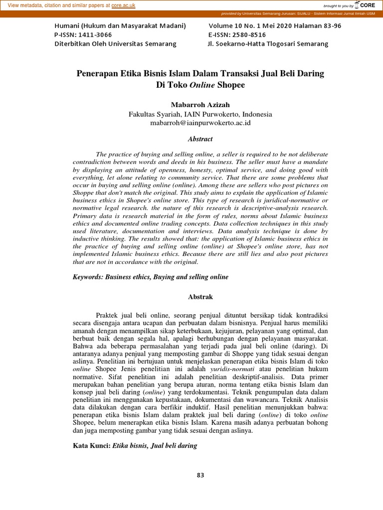 Penerapan Etika Bisnis Islam dalam Jual Beli Online: Sebuah Kajian Jurnal