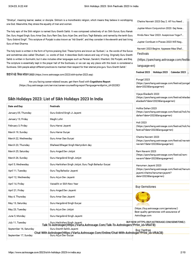 Sikh Holidays 2023