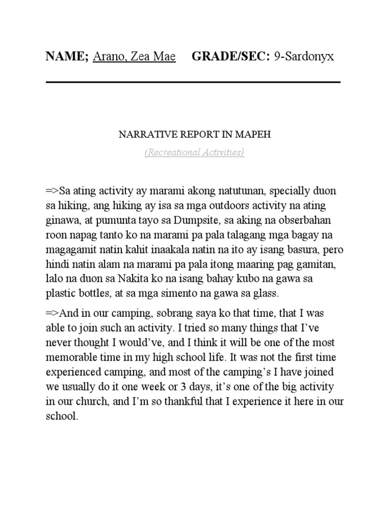 Narrative Report on Outdoor Activities | PDF | Hobbies | Outdoor Recreation