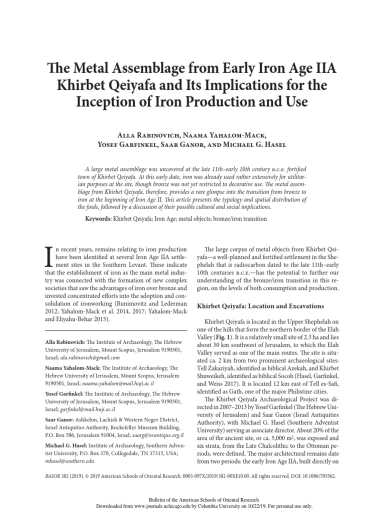 The Metal Assemblage From Early Iron Age IIA Khirbet Qeiyafa and Its ...