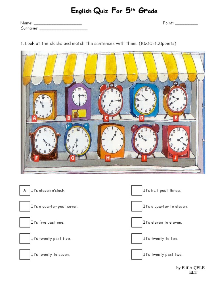 5th Grade English Time Quiz Worksheet | PDF