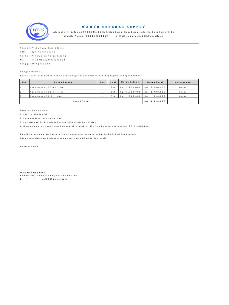 Penawaran Harga Accu 120 AH Dan 100 AH PT - GBU | PDF