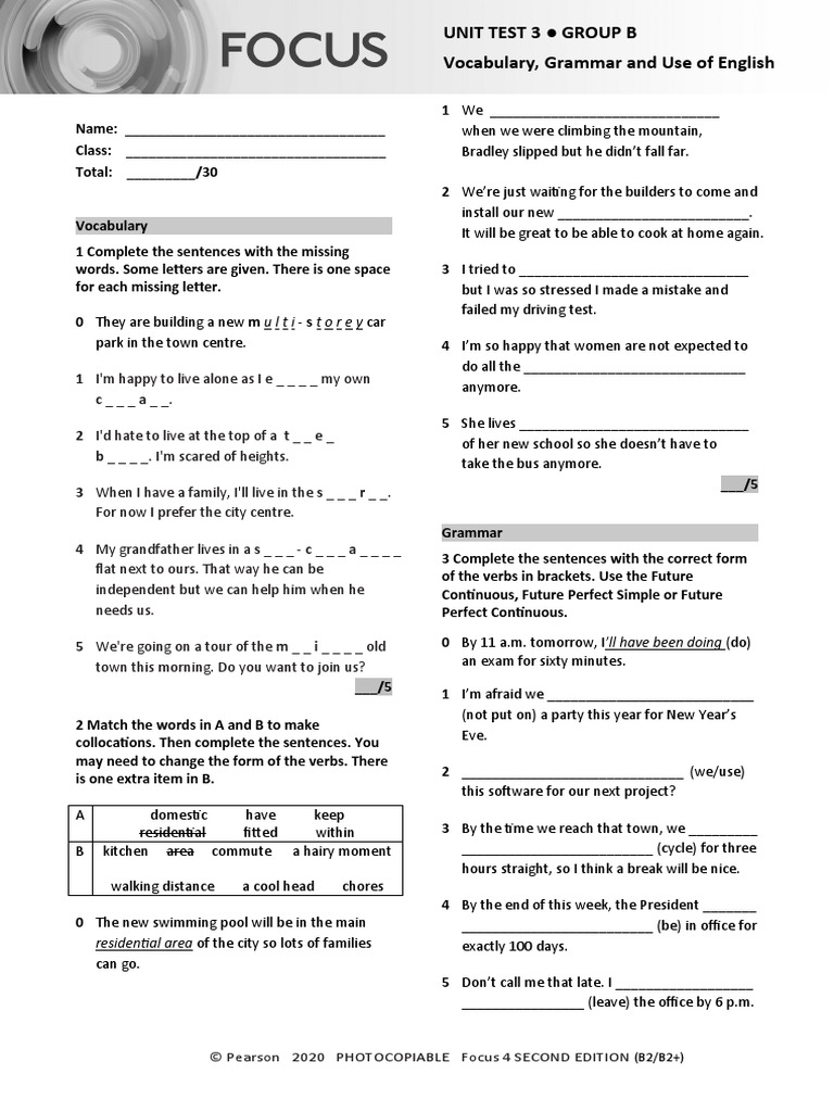 Focus4 2E Unit Test Vocabulary Grammar UoE Unit3 GroupB | PDF | English ...