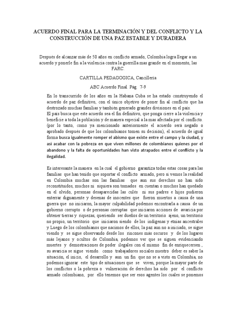 Acuerdo de Paz en Colombia: Fin del Conflicto | PDF | Colombia | Pobreza