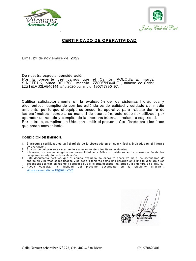 Certificado de Operatividad | PDF