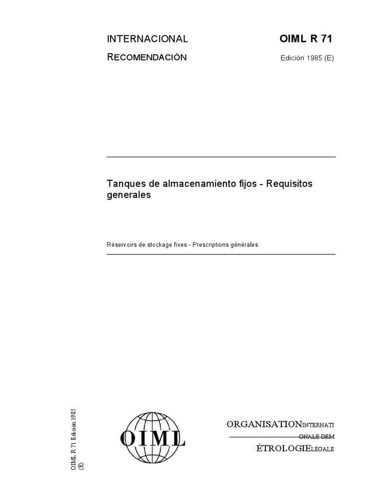 OIML R 71: Requisitos Tanques de Almacenamiento | PDF | Volumen | Tanques