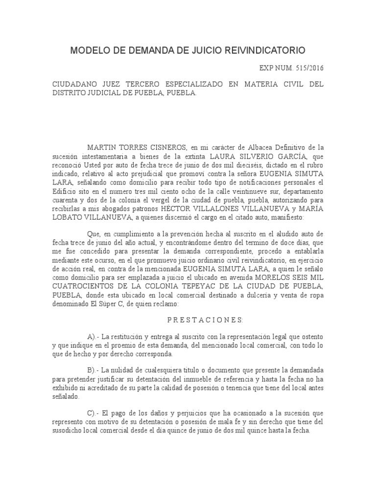Modelo de Demanda de Juicio Reivindicatorio | PDF | Demanda judicial ...