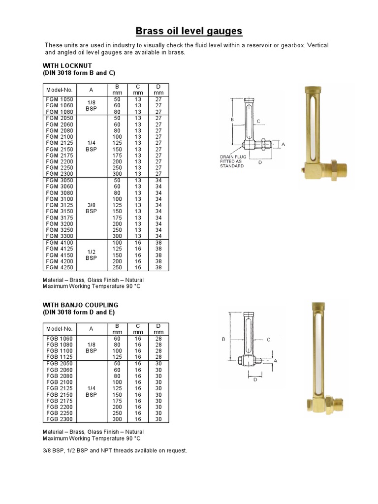 Data Sheet Brass Oil Level Gauges PDF Materials Physical Sciences