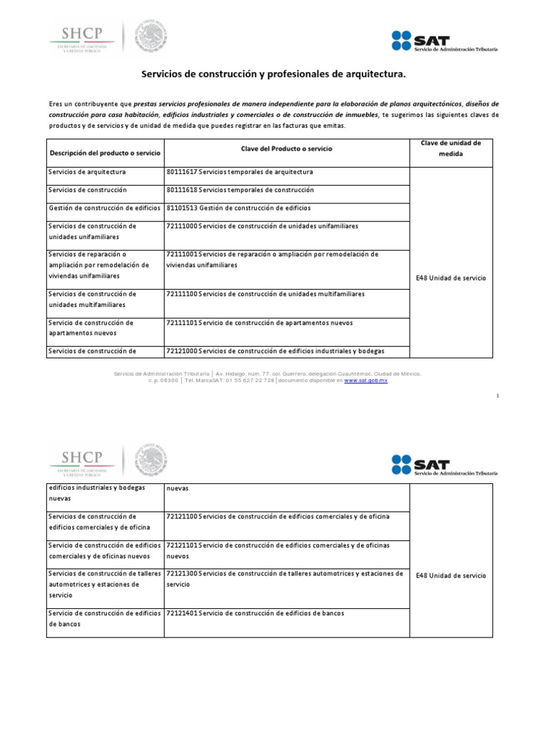 SAT Claves Servicios de Construcción y Profesionales de Arquitectura PDF