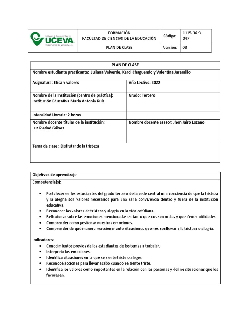 PLAN DE CLASE Control de Las Emociones | PDF | Las emociones | Evaluación