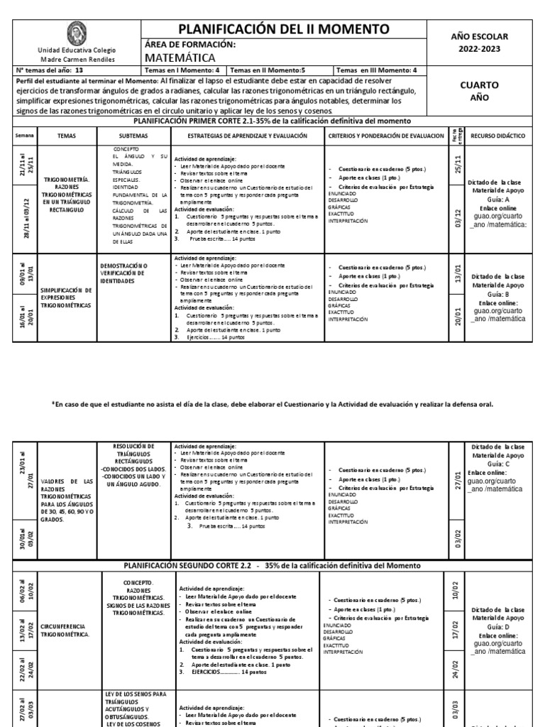 PLANIFICACION DE MATEMÁTICA DE CUARTO AÑO II LAPSO(22-23) | PDF ...