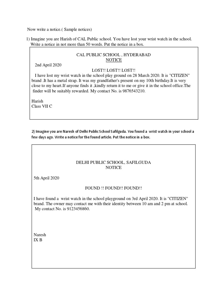 Lost and Found Notice Writing Guide | PDF | Lifestyle