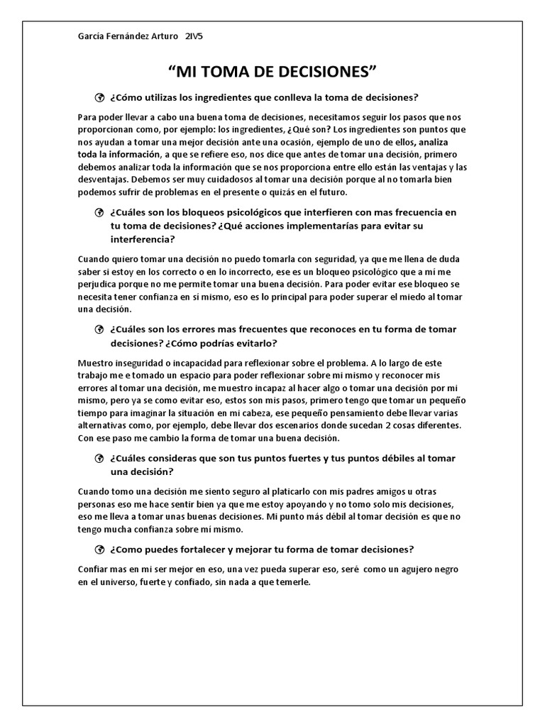 MI TOMA DE DECISIONES | PDF | Toma de decisiones | Ciencia cognitiva