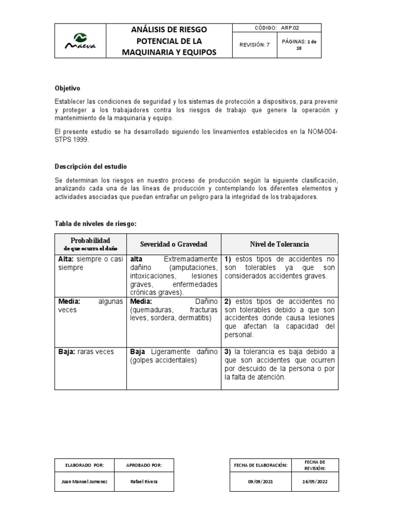 Arp.01 Análisis Riesgo Potencial Maquinaria y Equipo | PDF | Riesgo ...