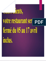 Chers Clients, Votre Restaurant Sera Fermé Du 05 Au 17 Avril Inclus