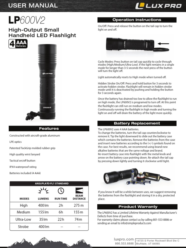 LP 600V2 Flashlight Manual PDF Flashlight Manufactured Goods