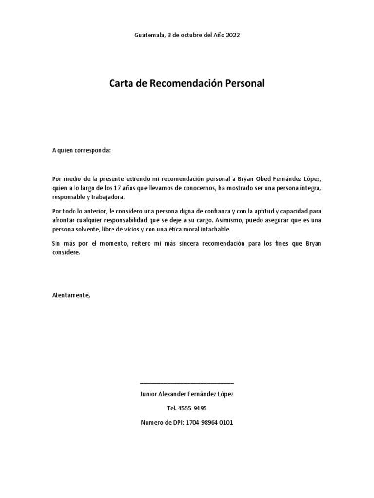 Carta de Recomendación Personal | PDF