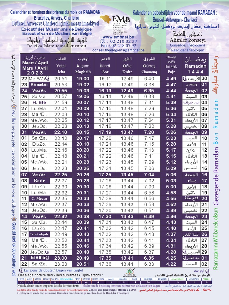 Kalender en Gebedstijden Voor de Maand RAMADAN Brussel Antwerpen