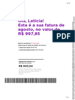 Olá, Leticia! Esta É A Sua Fatura de Agosto, No Valor de R$ 997,85